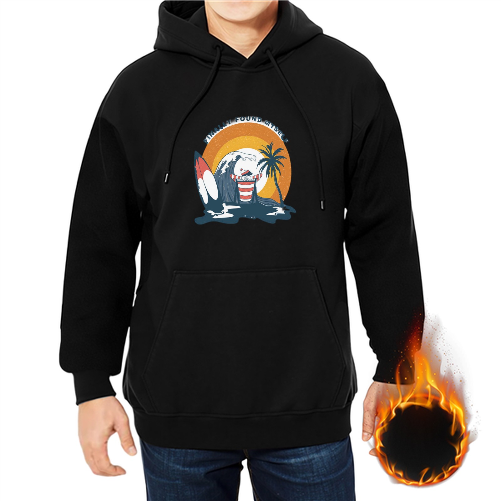 Black Hoodie with Retro Sunset Shark Palm Tree Surf Graphic