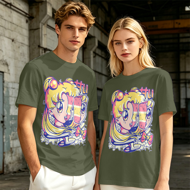 Olive T-Shirt With Glitch Anime Girl Graphic Print