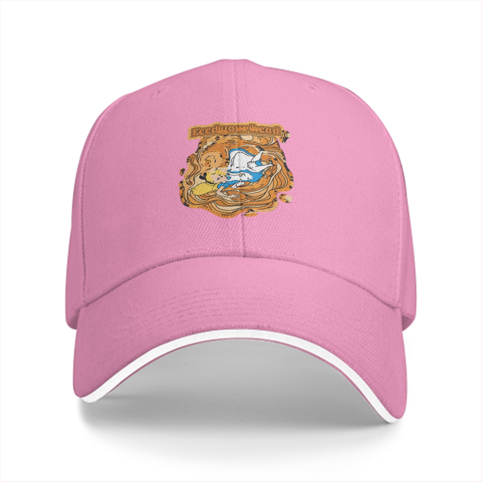 Black baseball cap with whimsical illustrated character design