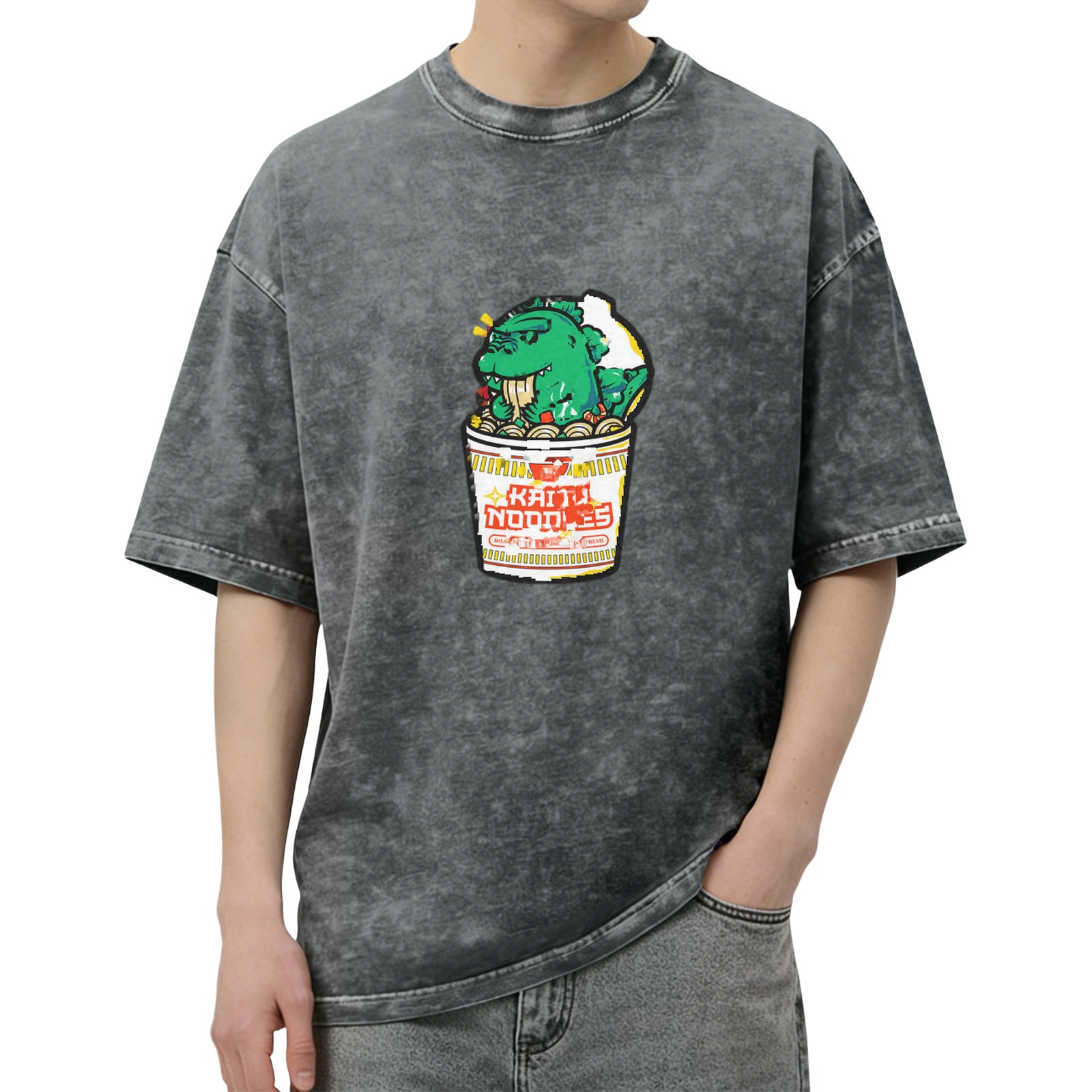 Washed Black T-Shirt with Kaiju Noodles Cup Monster Graphic