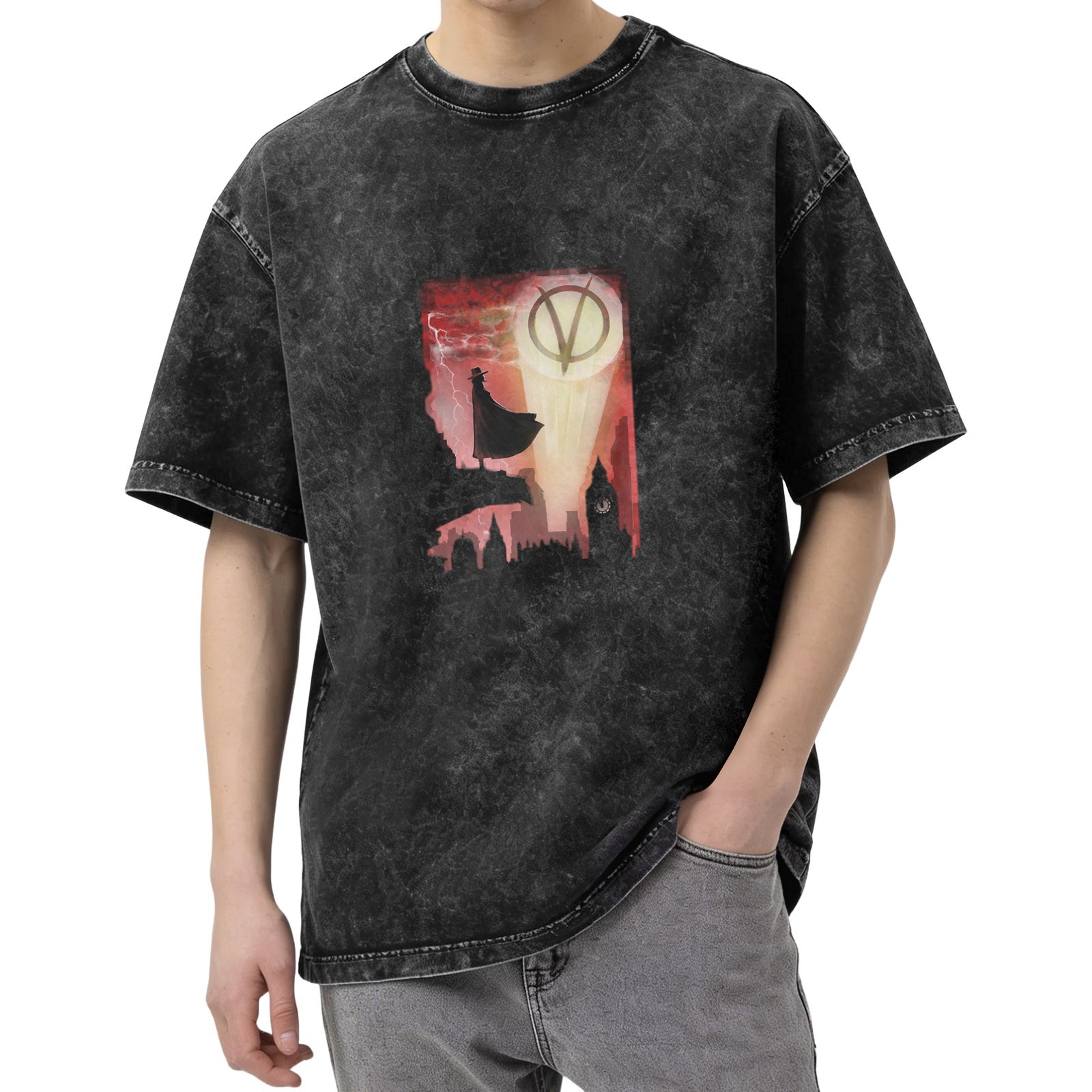 V for Vendetta themed graphic washed black short sleeve t-shirt