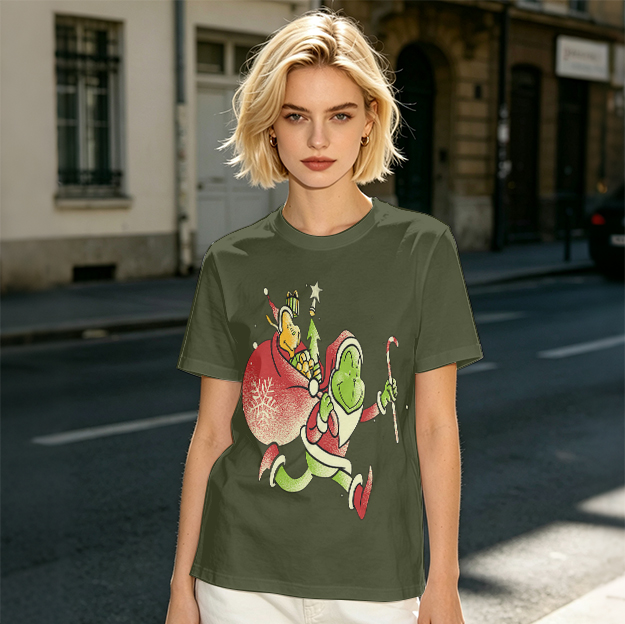 Olive T-shirt with Grinch Santa Christmas Graphic Design
