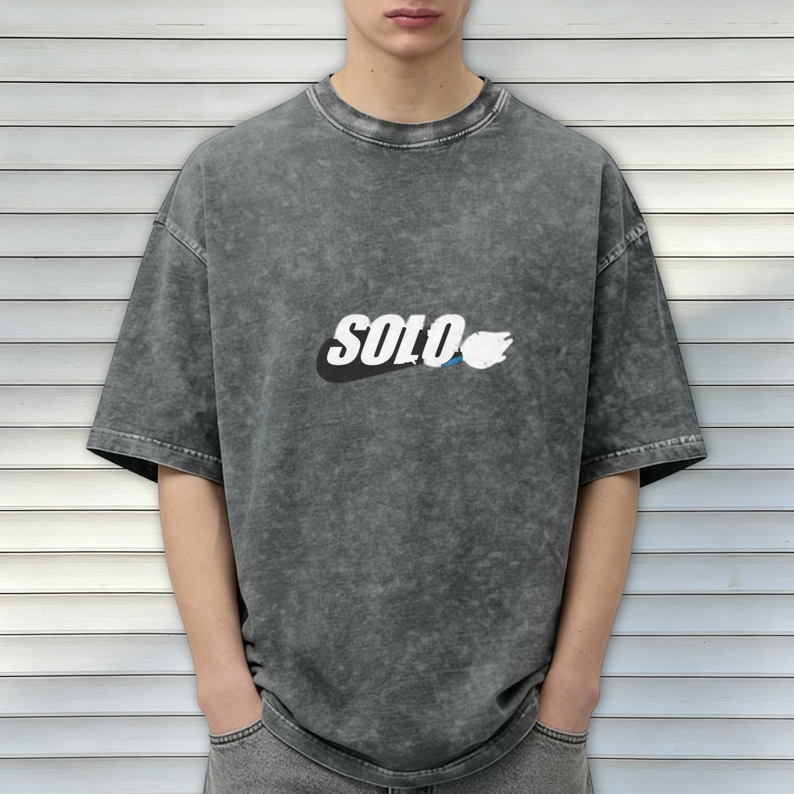 Oversized Acid Wash Black T-Shirt with SOLO Graphic Print