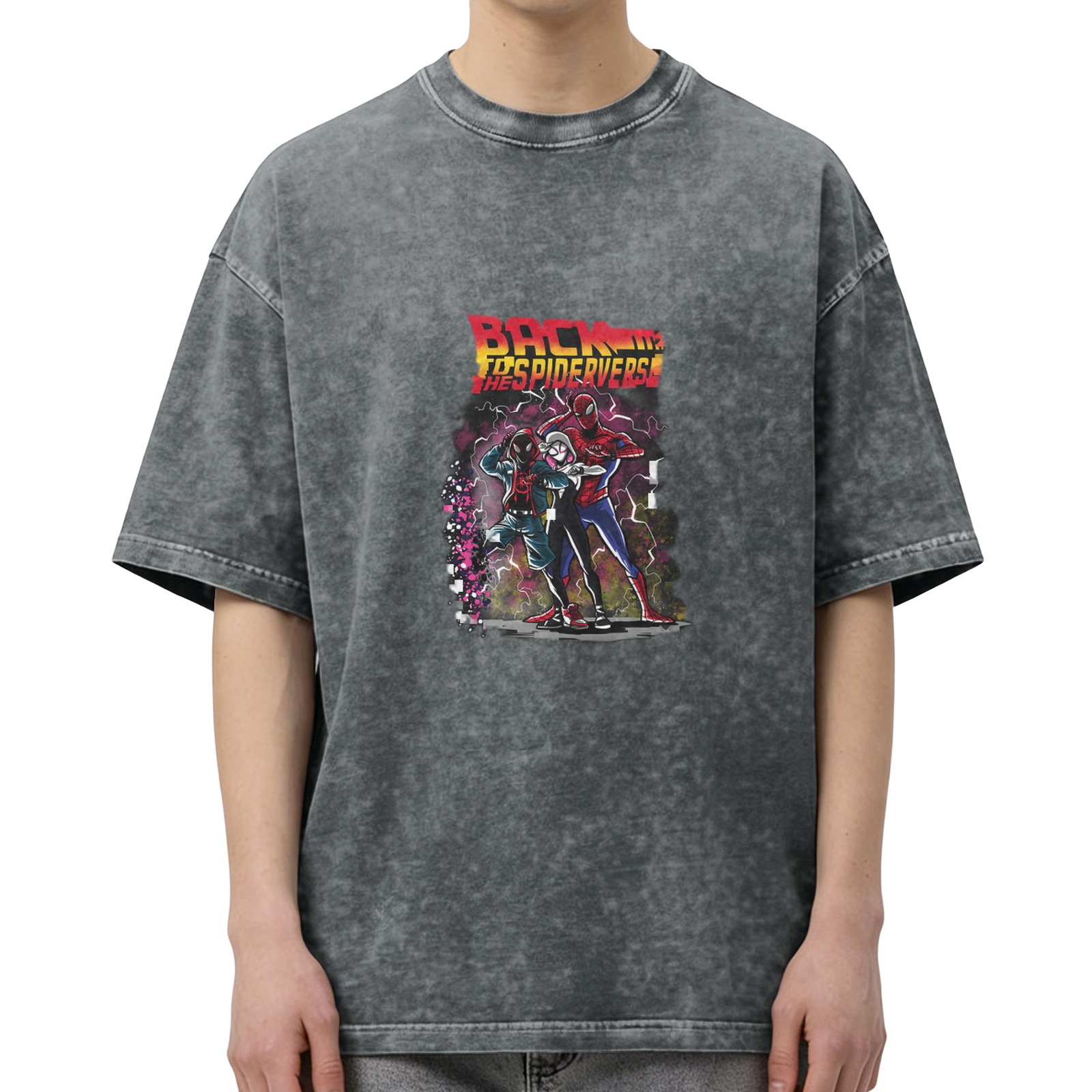 Distressed washed black short-sleeved T-shirt Spider-Man Parallel Universe themed print BACK TO THE SPIDERVERSE Loose casual top