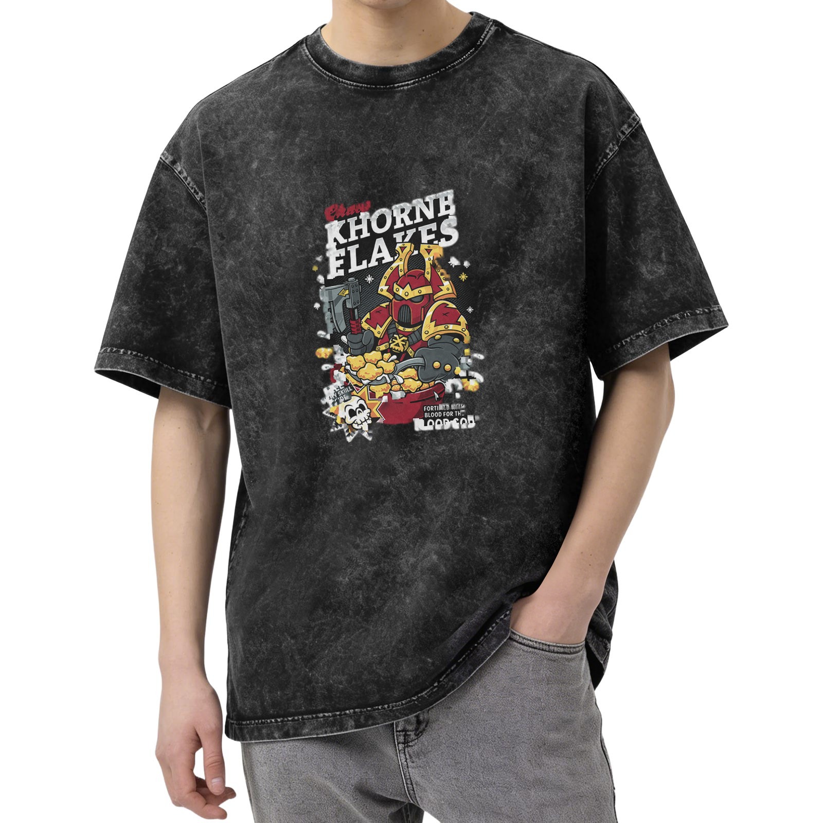 Warhammer 40k Khorne Flakes Parody Graphic Acid Wash T-Shirt