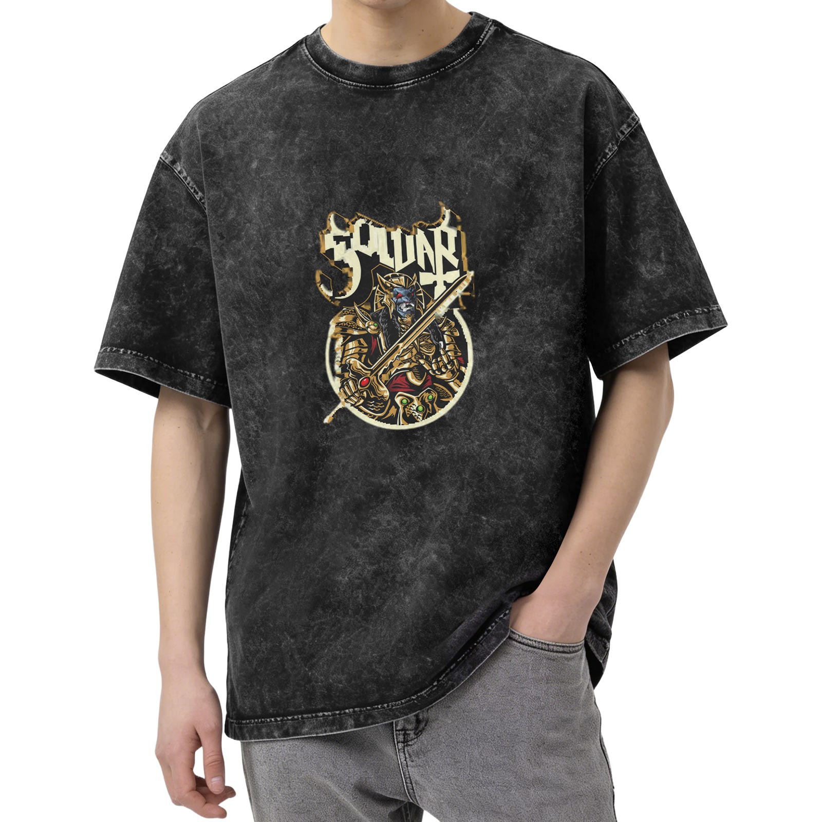 Oversized Acid Wash T-Shirt With Fantasy Warrior Graphic Print