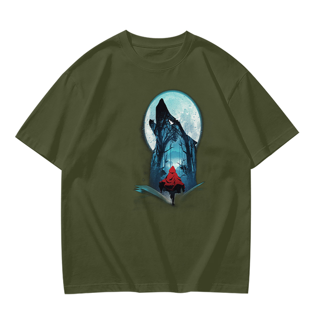 Olive T-Shirt With Red Riding Hood Wolf Moon Graphic