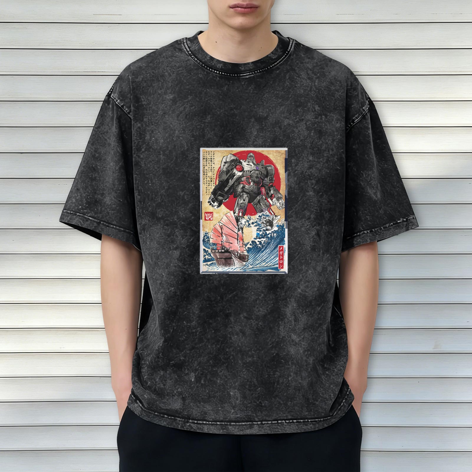 Oversized Acid Wash T-Shirt with Japanese Woodblock Style Robot Print