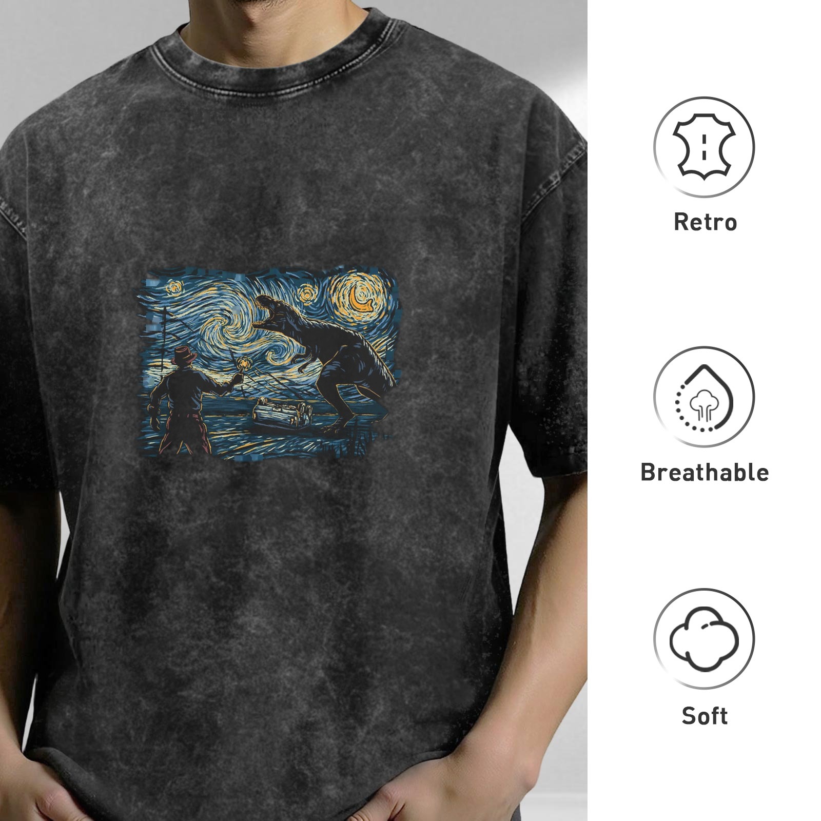 Retro washed black round neck short-sleeved T-shirt Van Gogh Starry Night style Tyrannosaurus Rex adventure printed distressed top
