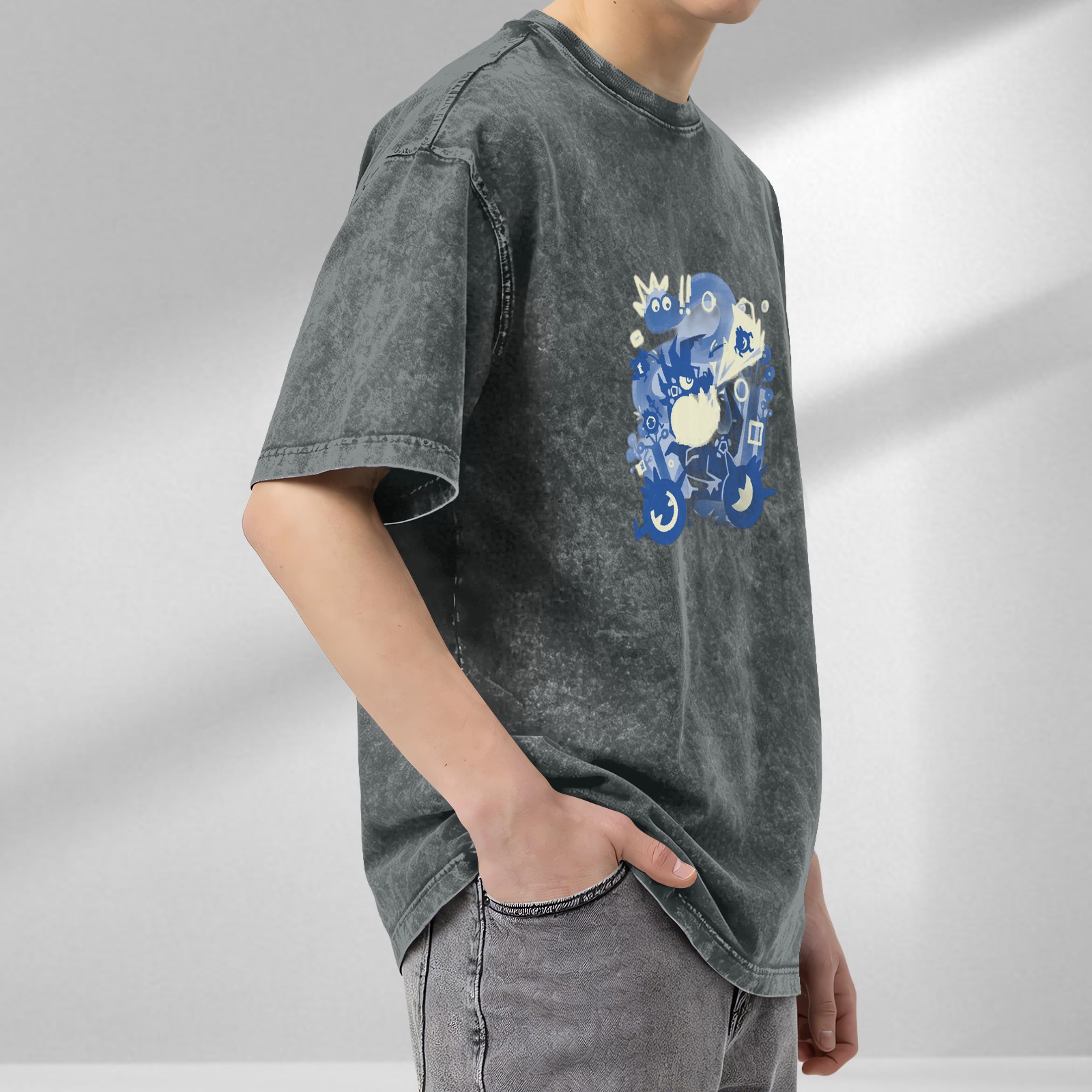 Oversized Washed Black T-Shirt With Blue Whimsical Graphic Print