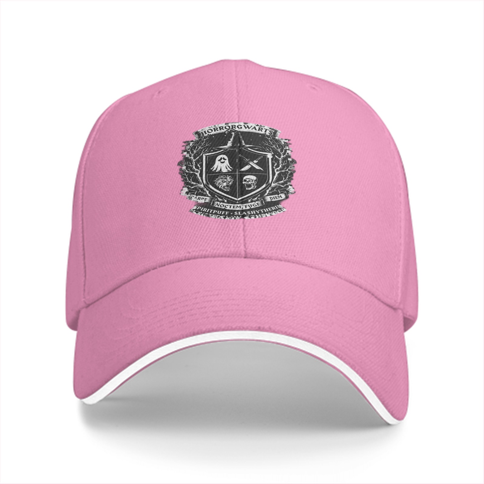 Black Baseball Cap With Horrorgwarts Crest Print