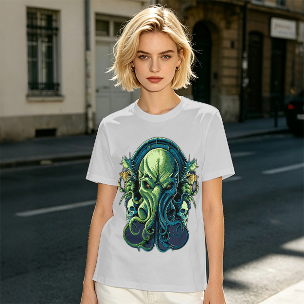 Olive Green T-Shirt With Cthulhu Skull Graphic Print