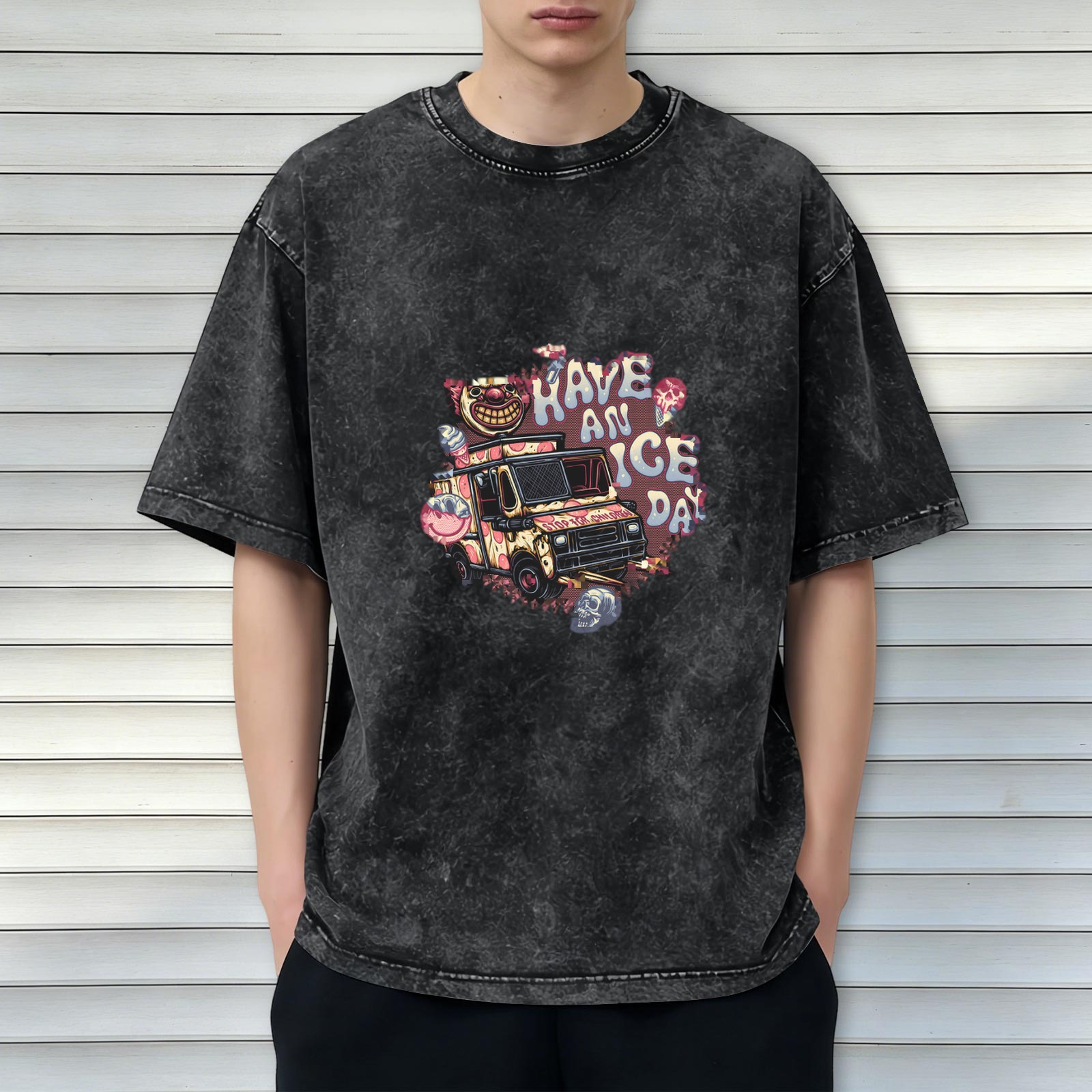 Oversized Acid Wash T-Shirt With Creepy Clown Ice Cream Truck Print