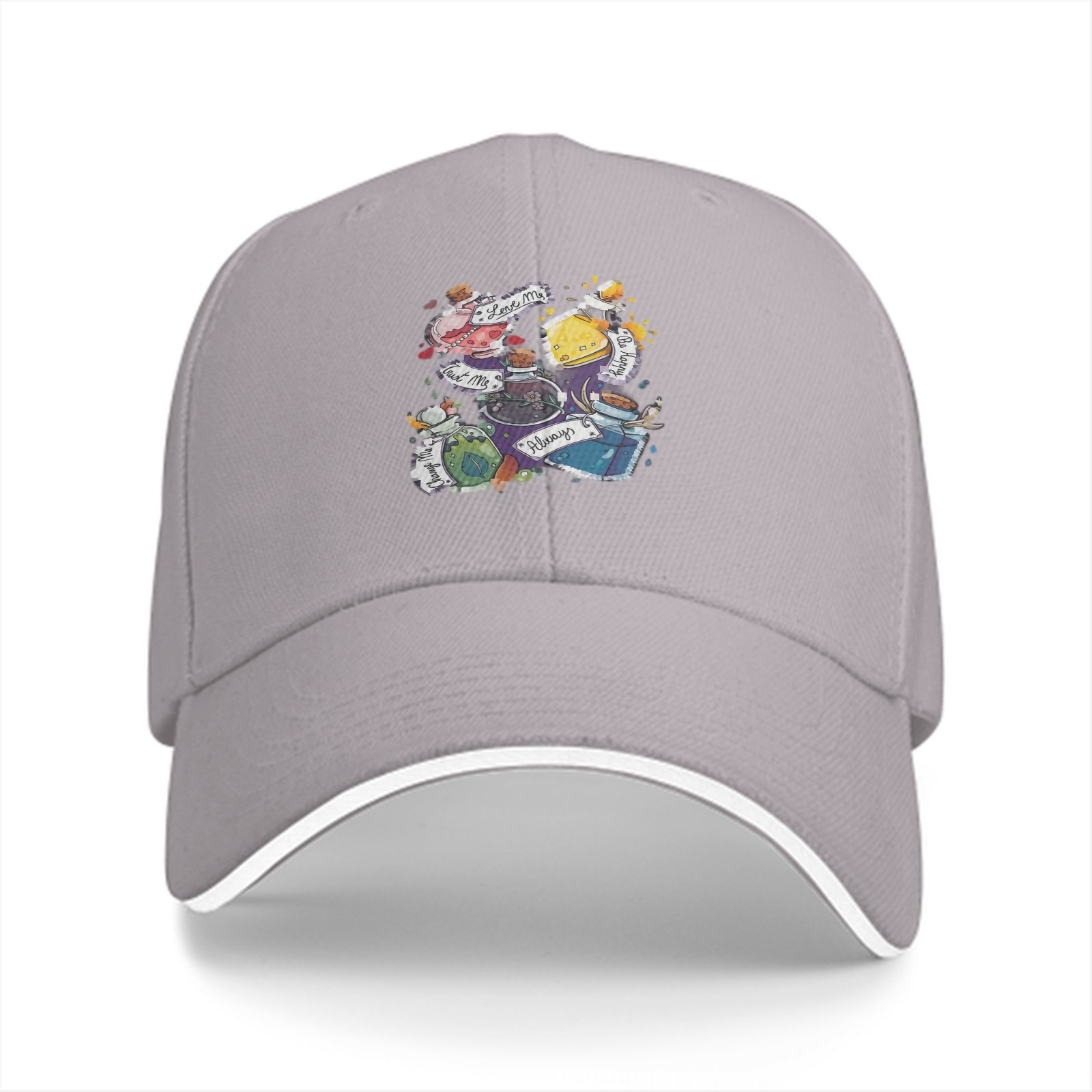 Black baseball cap with magical potion bottle graphic design