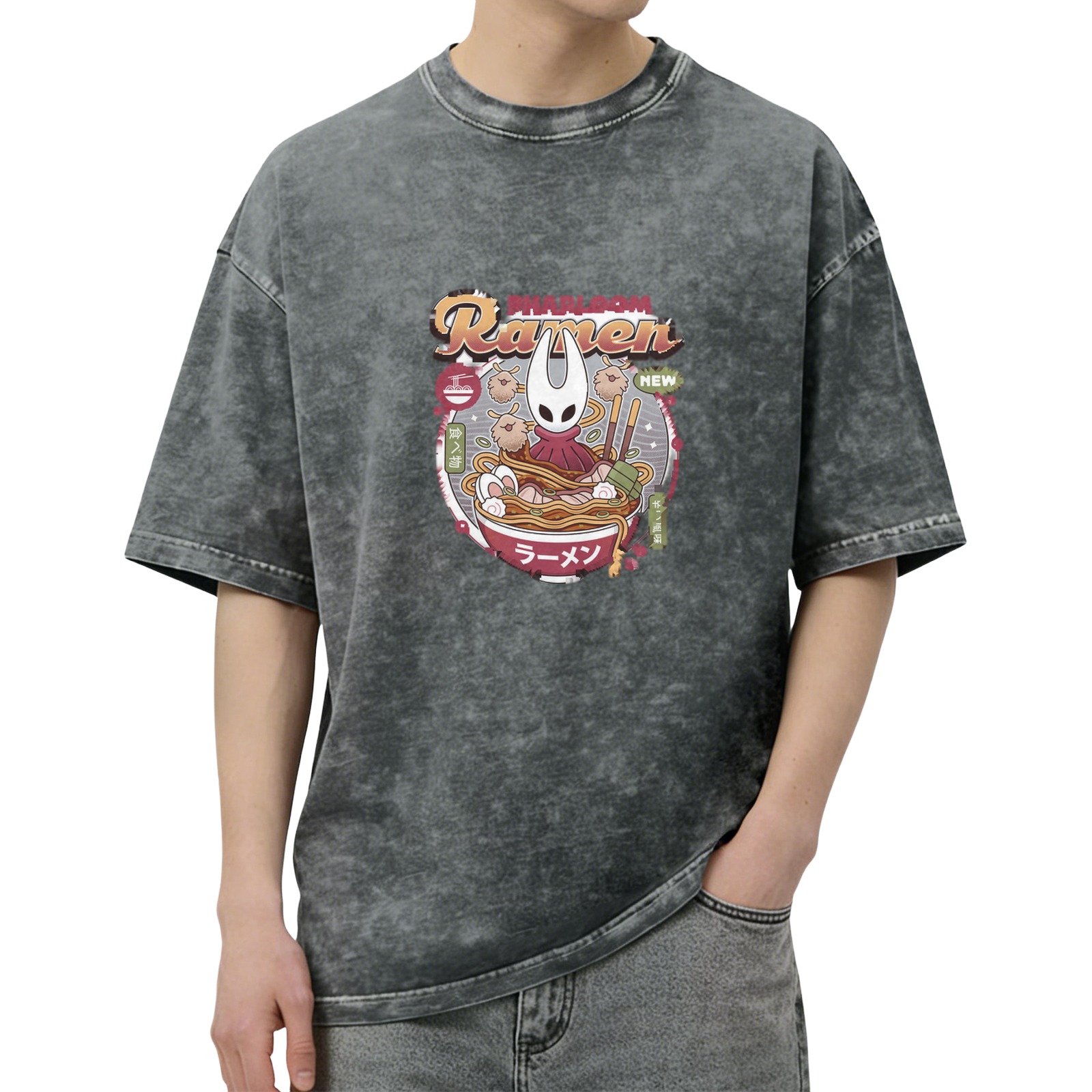 Oversized Acid Wash T-Shirt with Hollow Knight Ramen Graphic