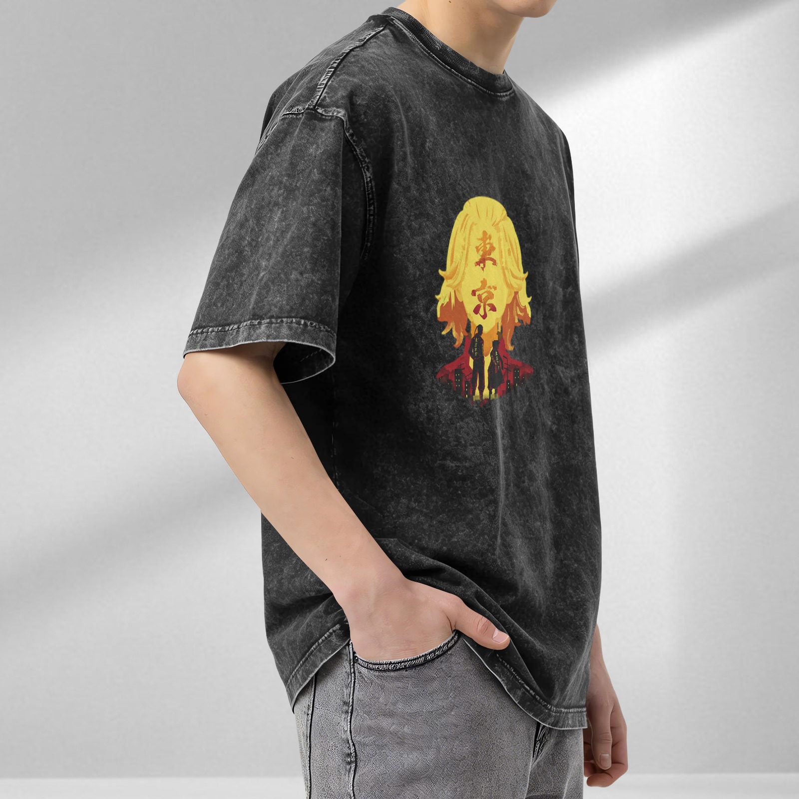 Tokyo Avengers anime theme washed distressed black loose short-sleeved T-shirt
