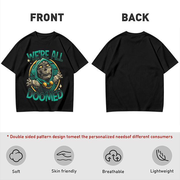 Olive T-Shirt Featuring 'We're All Doomed' Doom Character Art