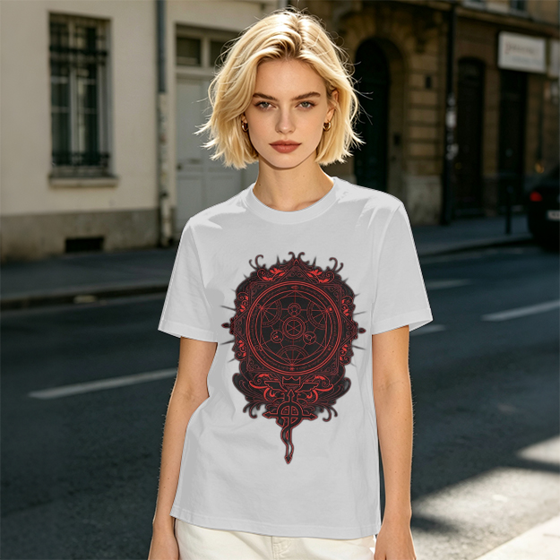 Olive T-Shirt With Red Occult Magic Circle Graphic