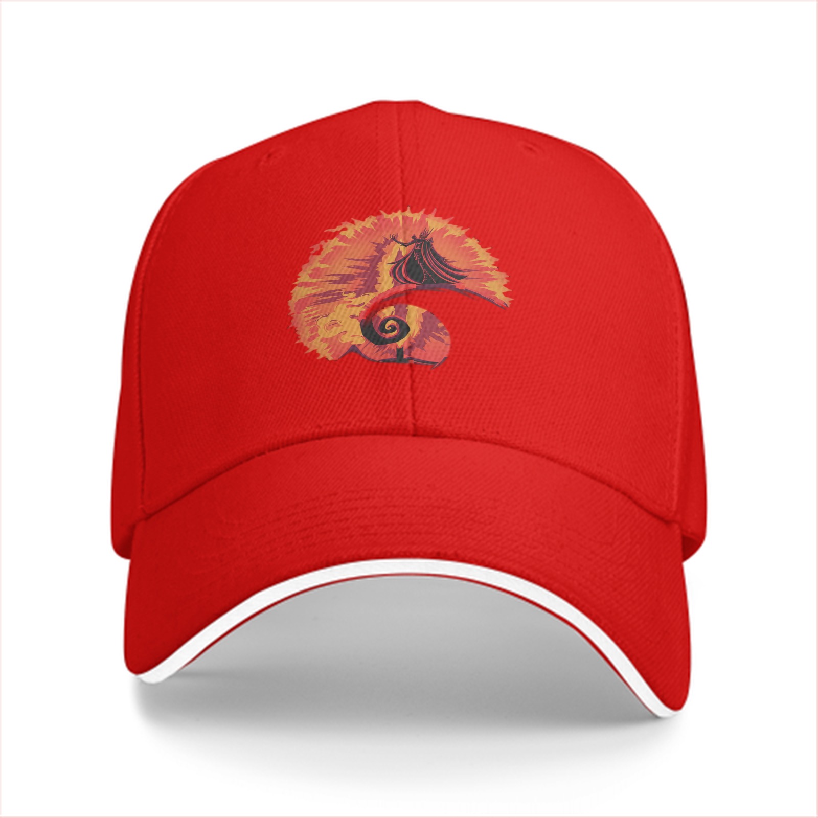 Black baseball cap with fiery spiral silhouette graphic