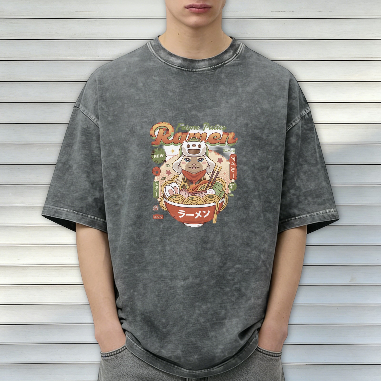 Oversized Acid Wash T-Shirt With Anime Ramen Cat Graphic