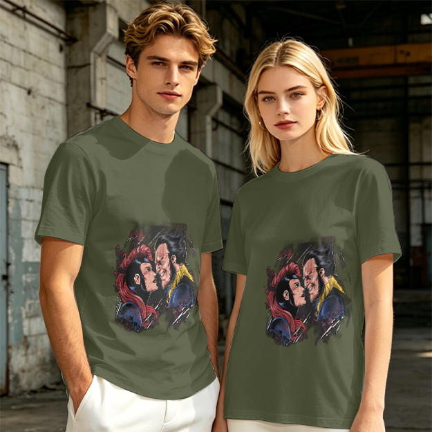 Olive T-shirt with Comic Style Superhero Character Art Print