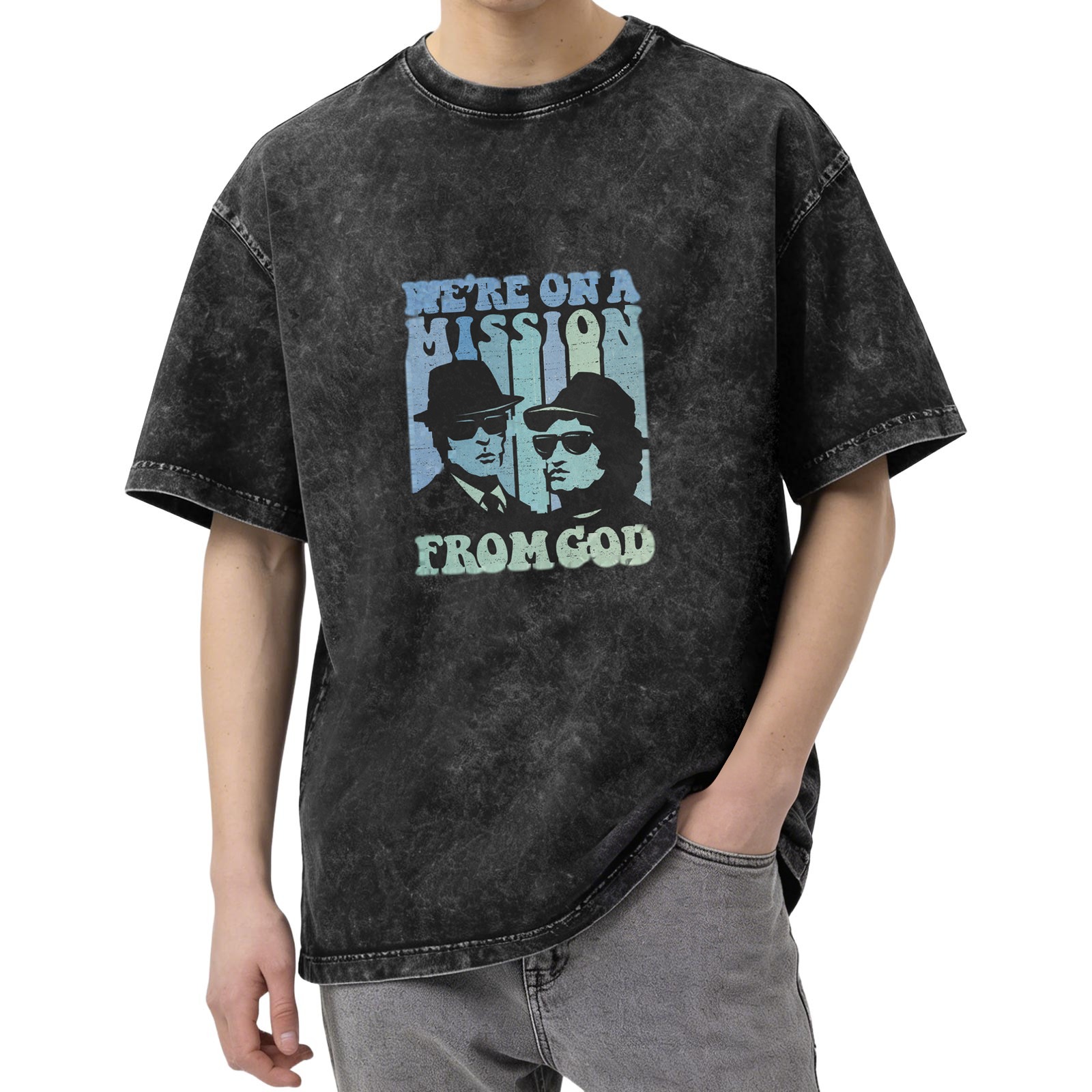 Retro washed black short-sleeved T-shirt Blues Brothers themed print 'We're On A Mission From God' distressed casual top