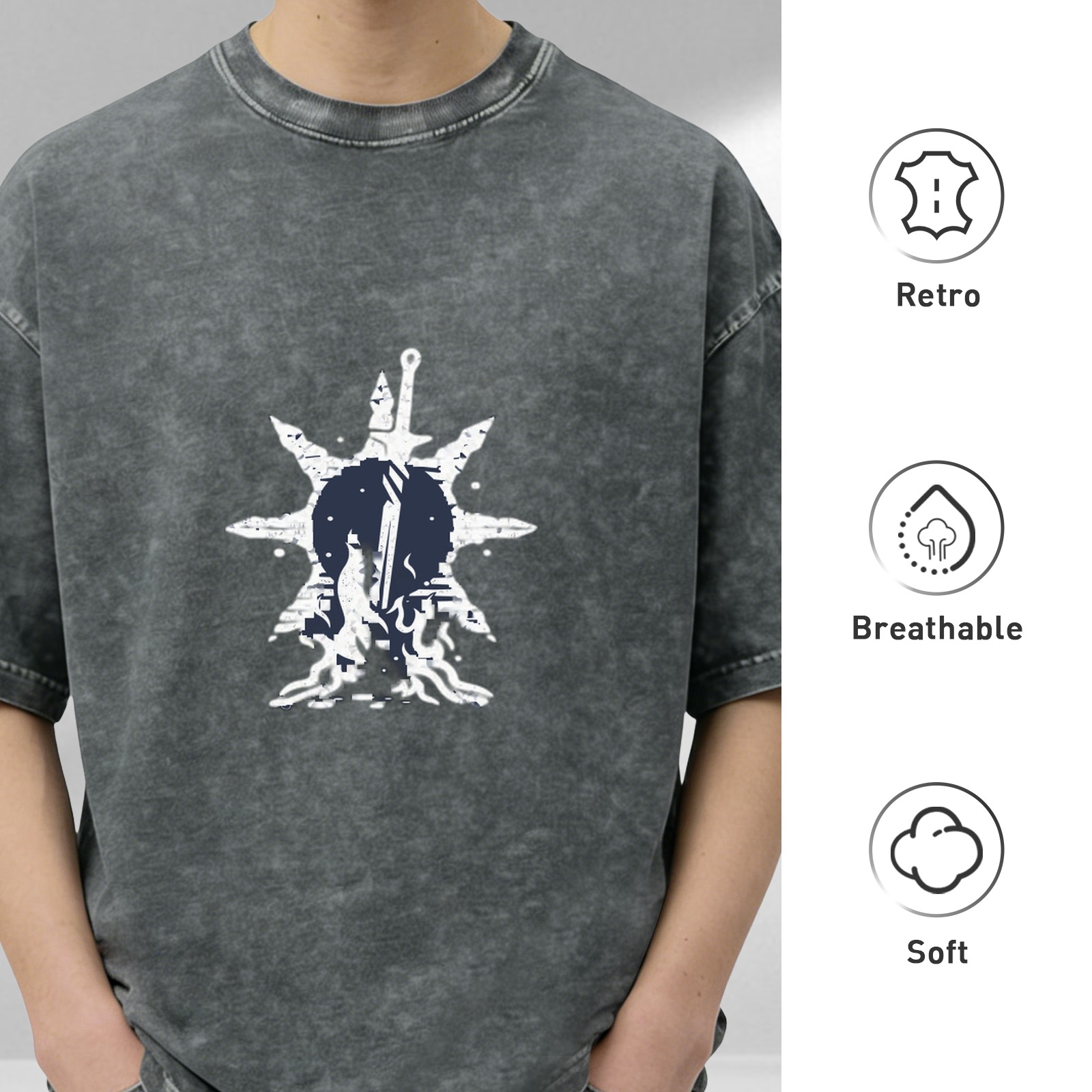 Distressed washed black loose short-sleeved T-shirt with fantasy style sword and star pattern
