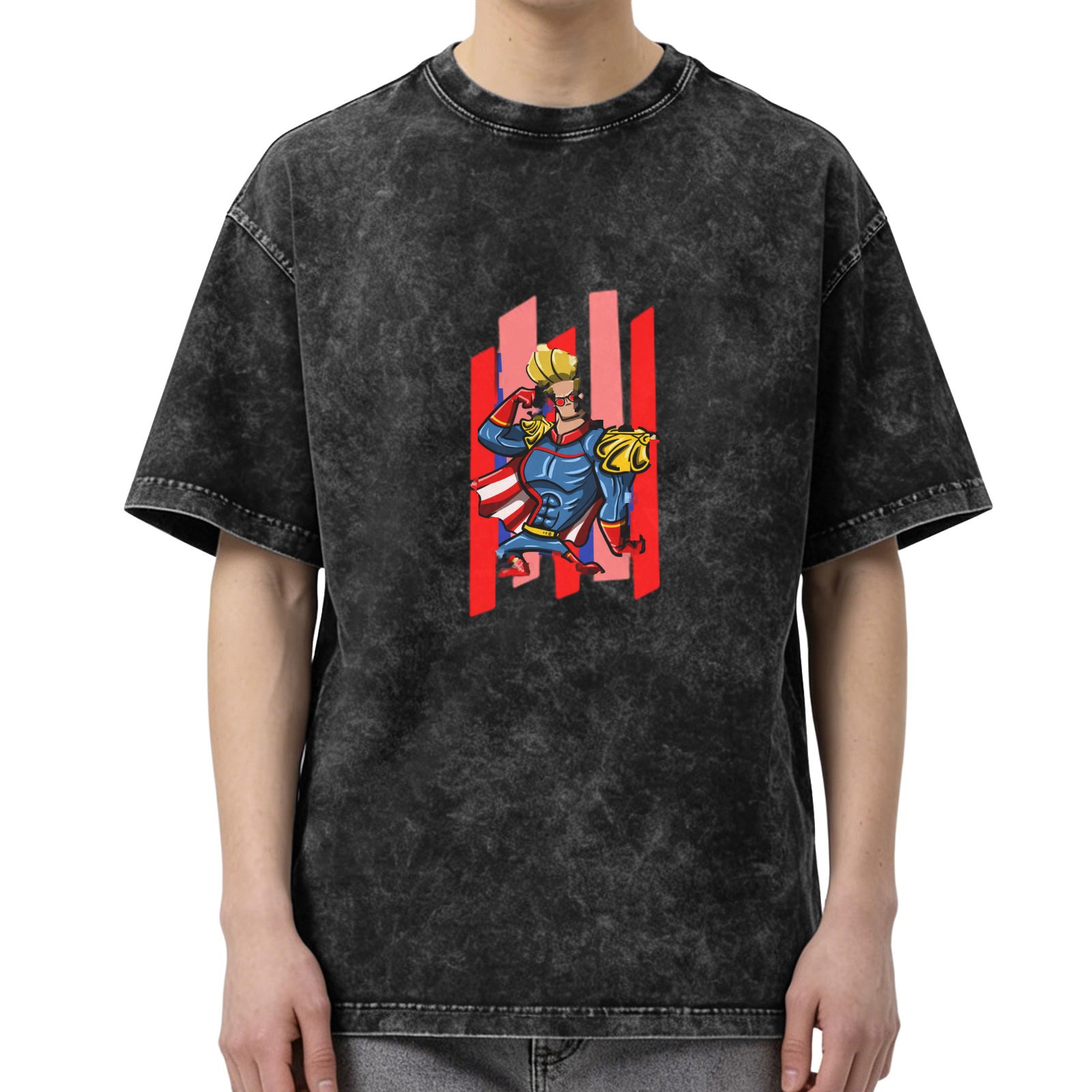 Oversized Acid Wash T-Shirt With Cartoon Superhero Graphic
