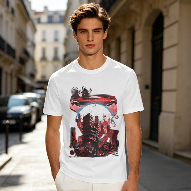 Olive Graphic T-Shirt with Post-Apocalyptic Cityscape Print