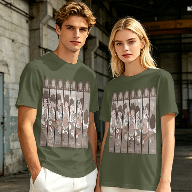 Olive green t-shirt with cartoon medieval feast scene print