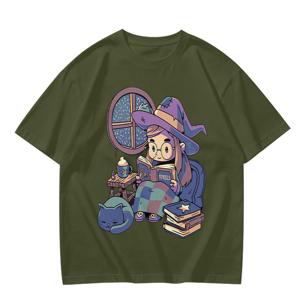 Olive t-shirt with cozy reading witch and cat graphic