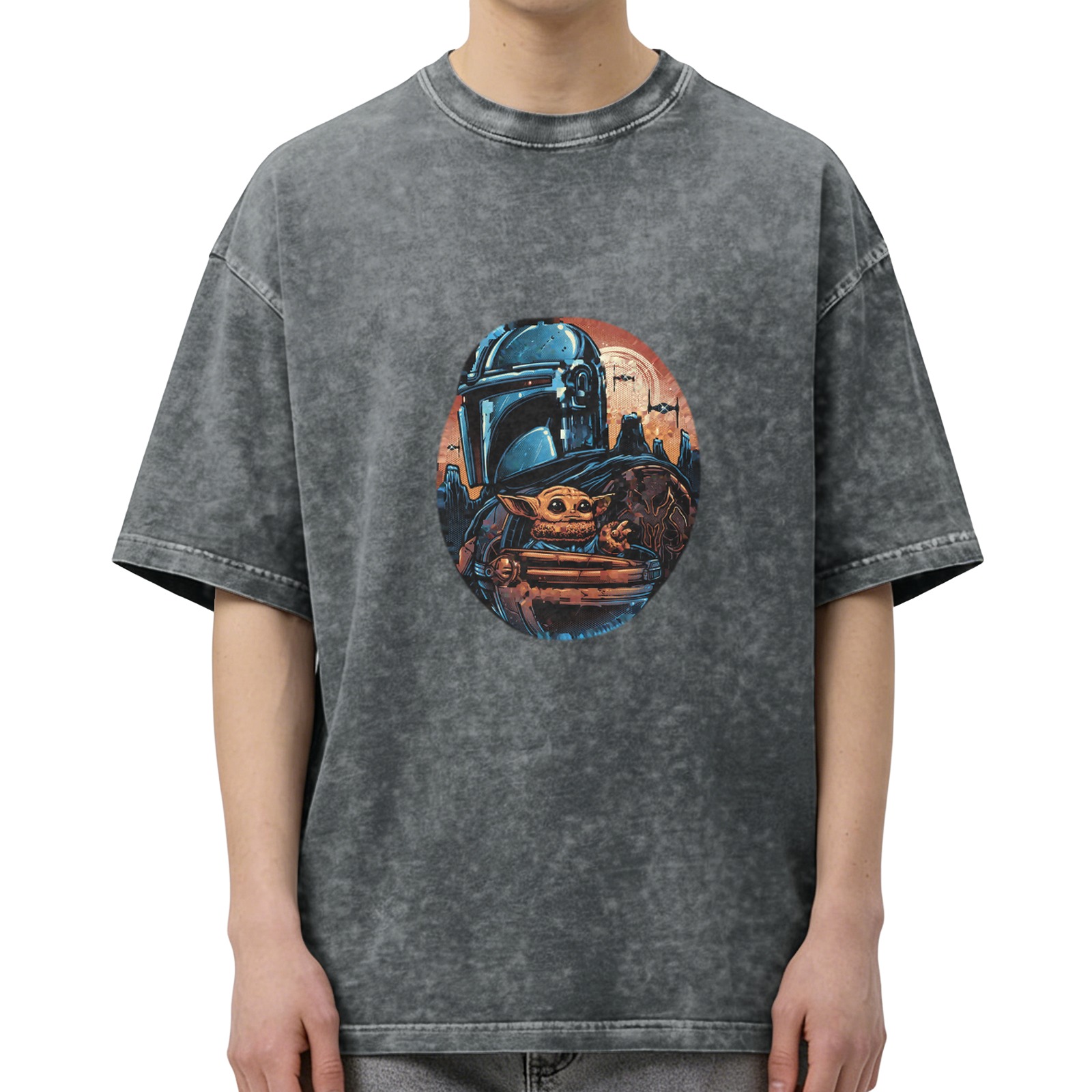 Star Wars The Mandalorian and Grogu Graphic Black Wash T-Shirt