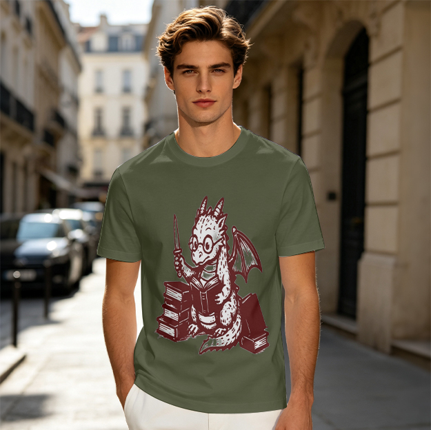 Olive t-shirt with a studious dragon reading a book and holding a wand