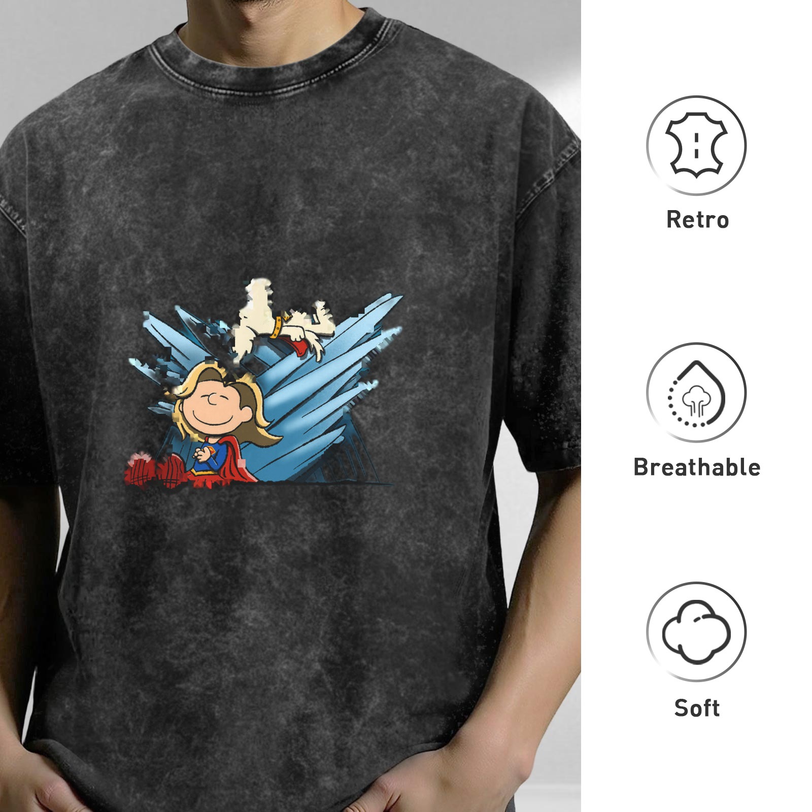 Washed black graphic t-shirt with Peanuts style superhero print