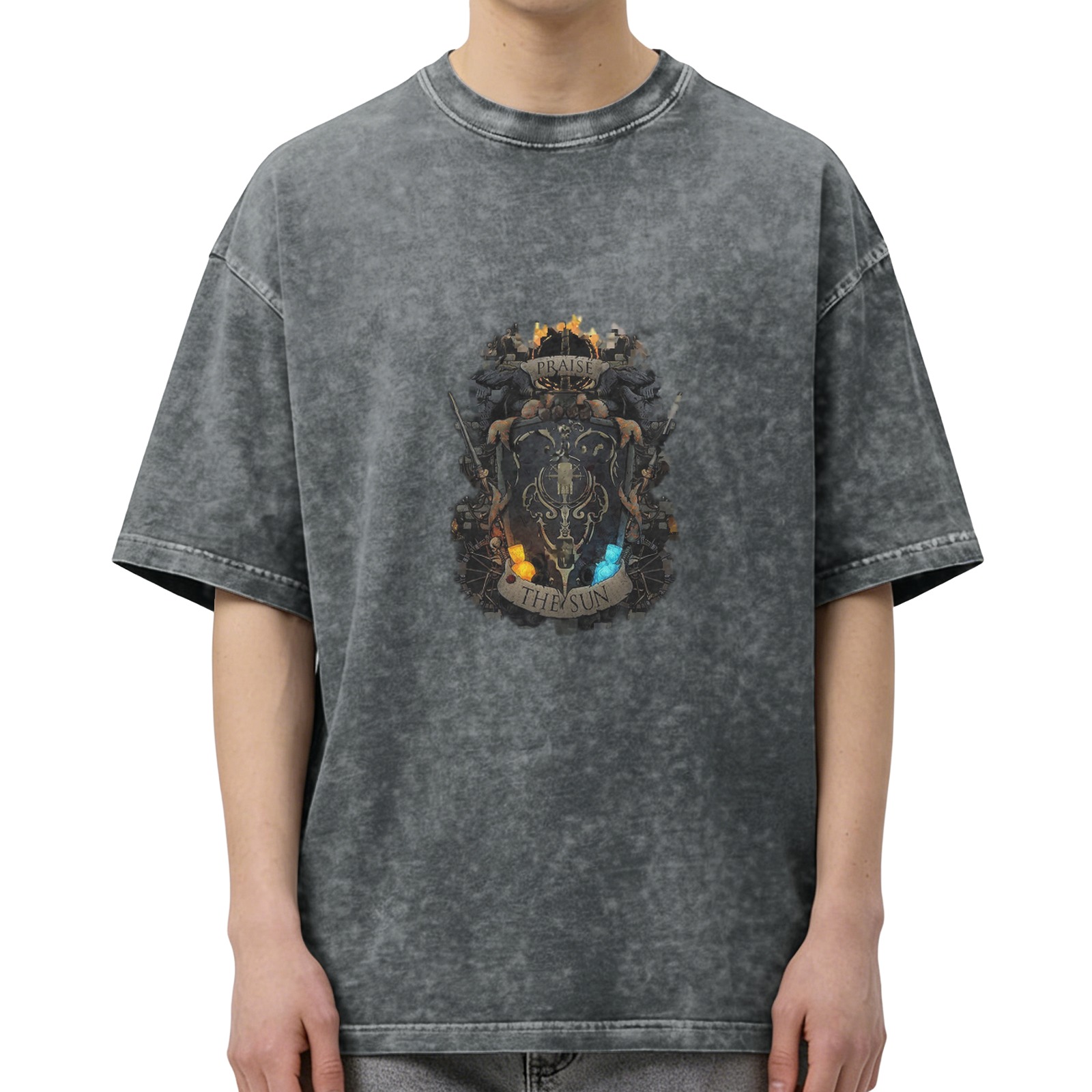 Dark Wash T-Shirt With Praise The Sun Crest Design