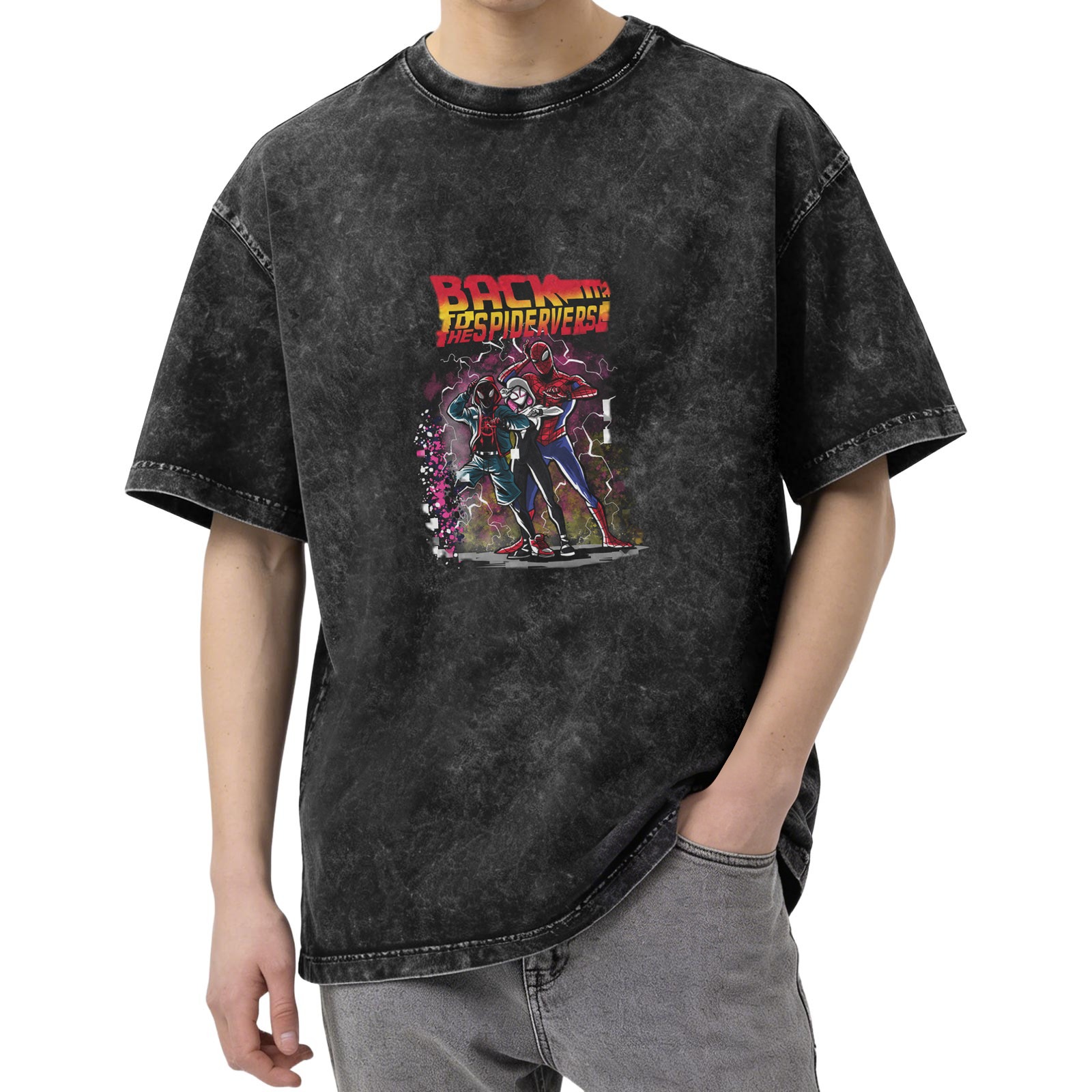 Distressed washed black short-sleeved T-shirt Spider-Man Parallel Universe themed print BACK TO THE SPIDERVERSE Loose casual top