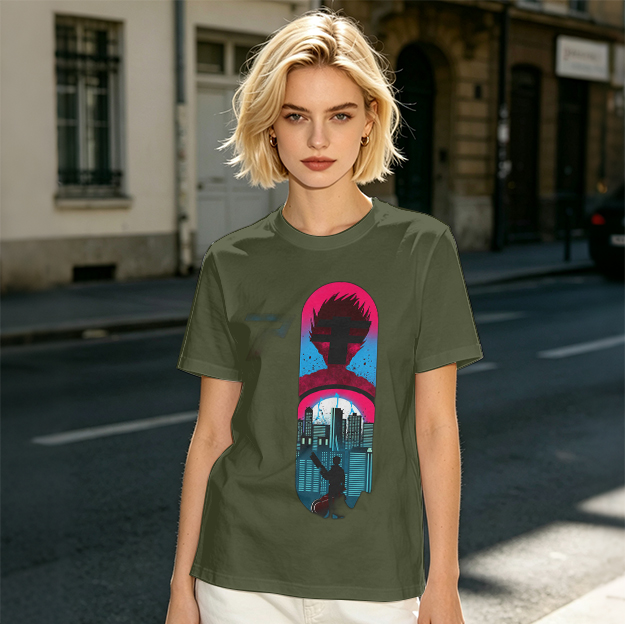 Olive T-Shirt With Cyberpunk City And Spiky Silhouette Graphic