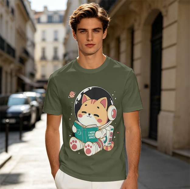 Olive t-shirt with cute astronaut cat reading 'I Need More Space'