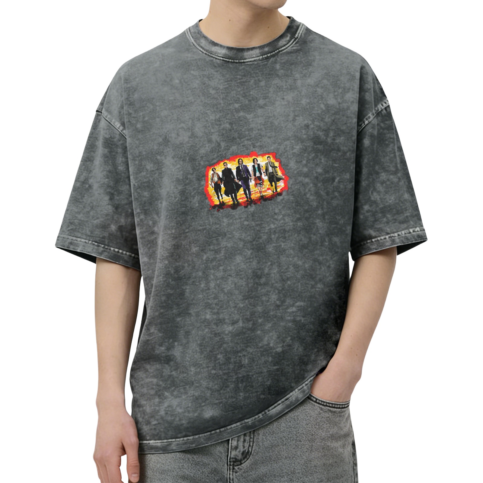 Distressed washed black loose short-sleeved T-shirt with film and television character prints
