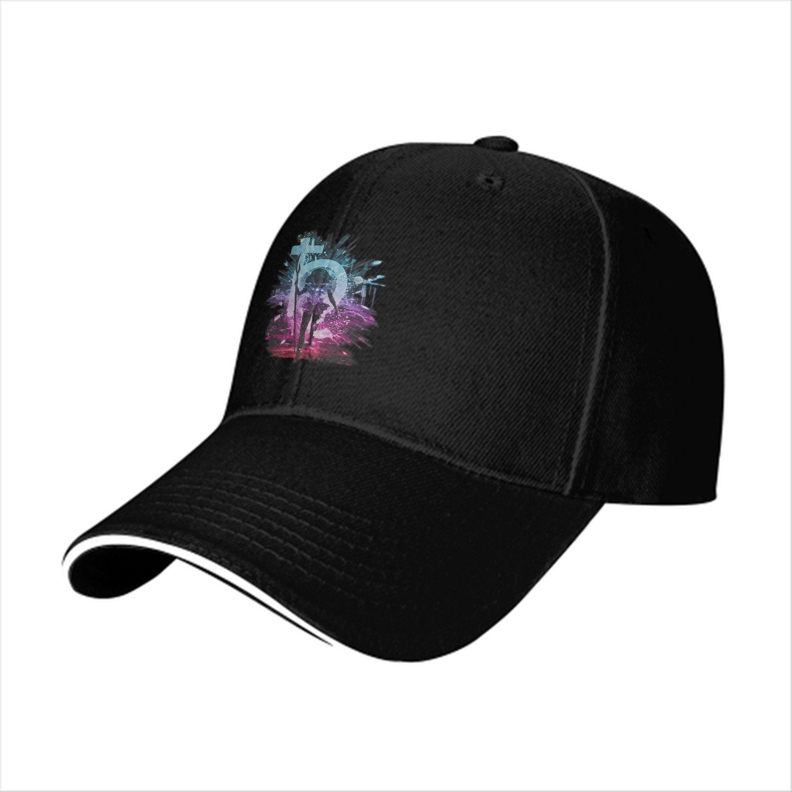 Black Baseball Cap With Neon Fantasy Graphic Print
