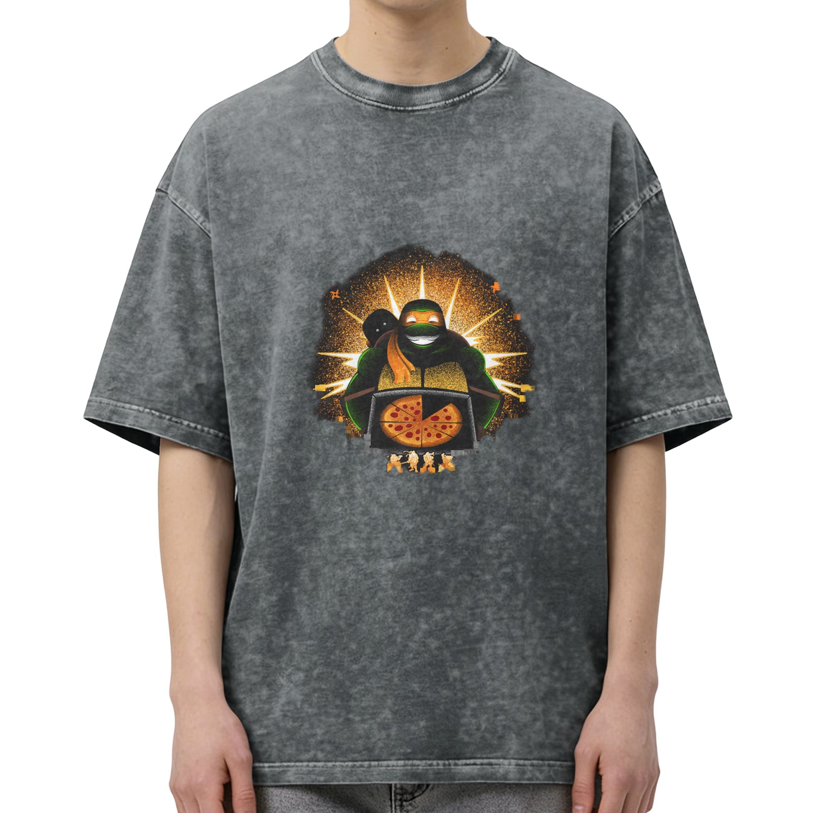 Washed Black T-Shirt With Ninja Turtle Holding Pizza Graphic