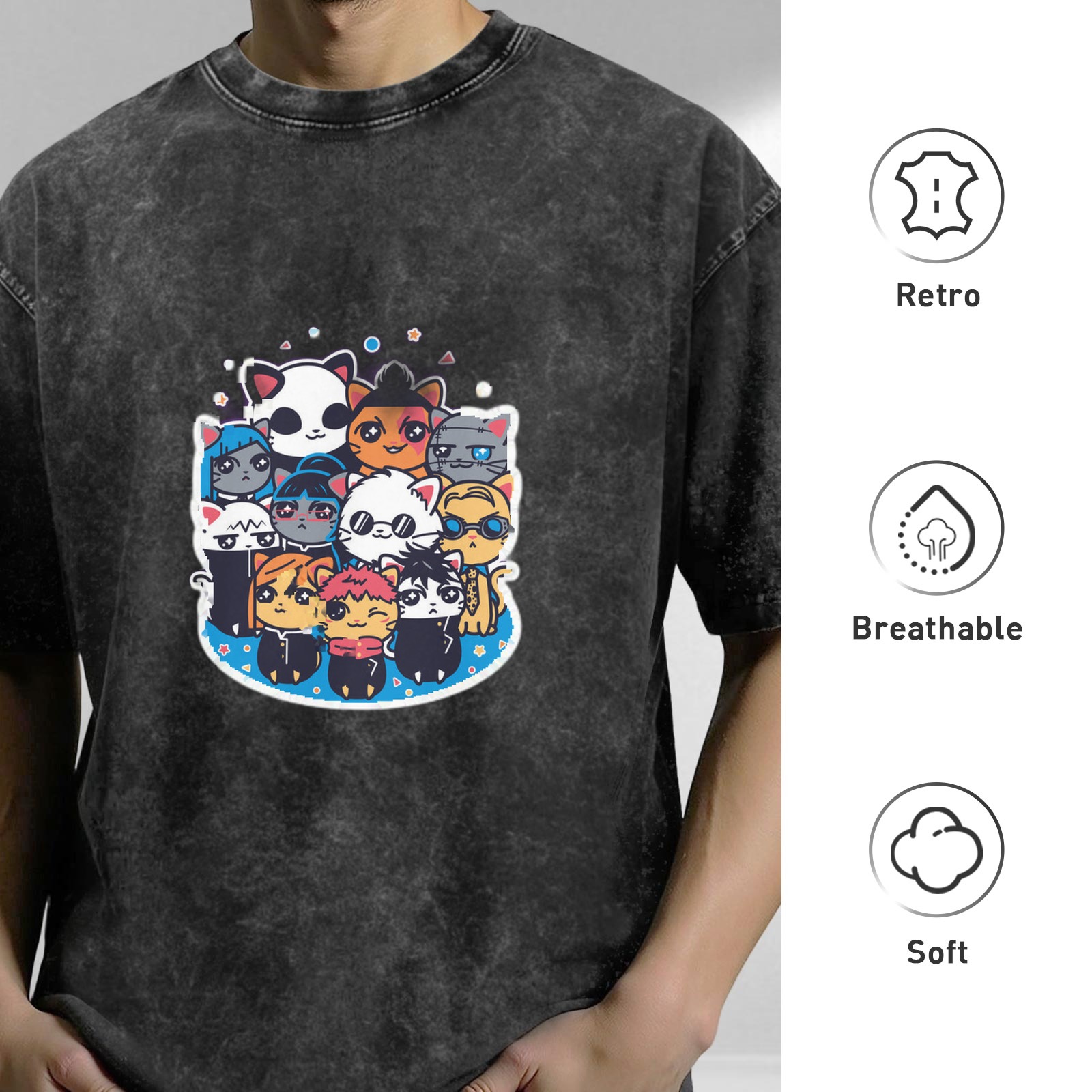 Washed black oversized t-shirt with cute anime cat character group print
