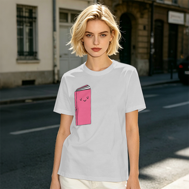 Olive Green T-Shirt With Cute Smiling Pink Book Graphic