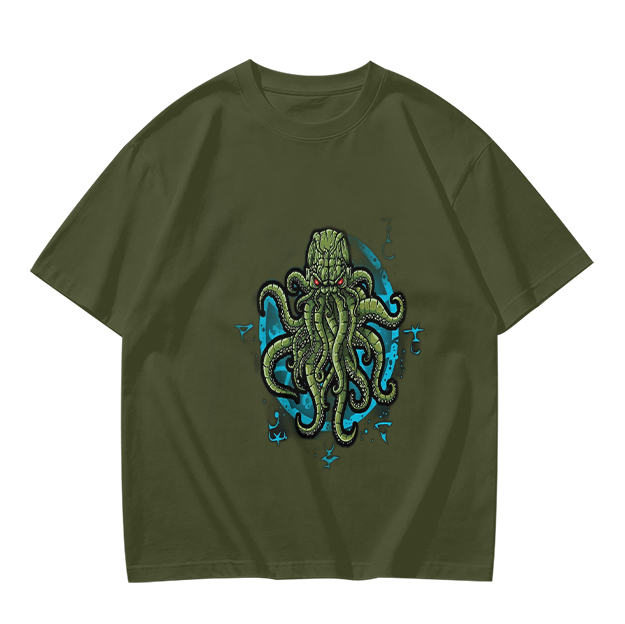 Olive Green T-Shirt With Cthulhu Octopus Monster Graphic