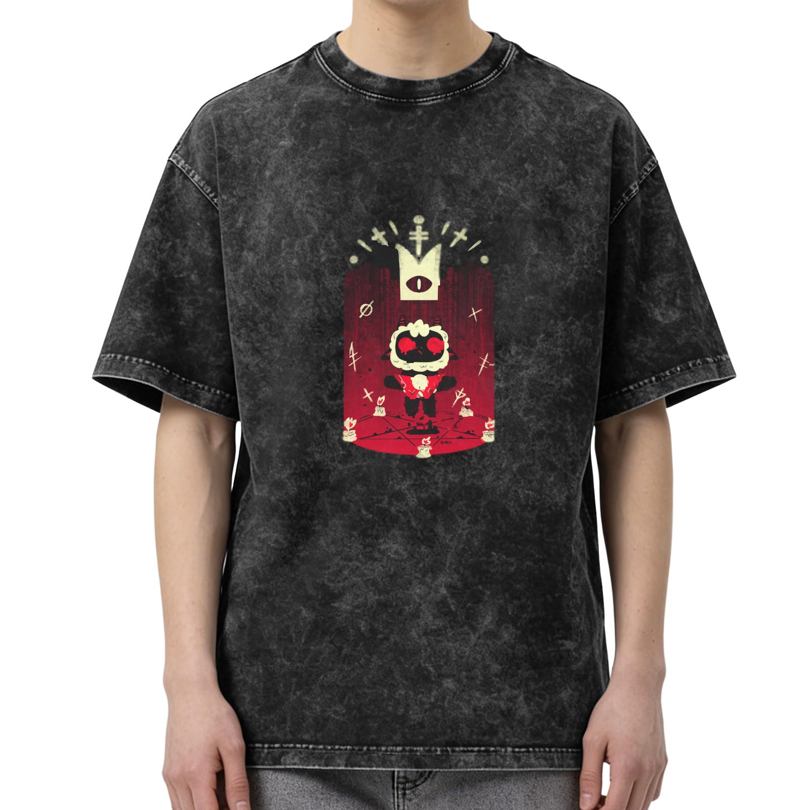 Washed Black Graphic T-Shirt with Cult Lamb Dark Art Print