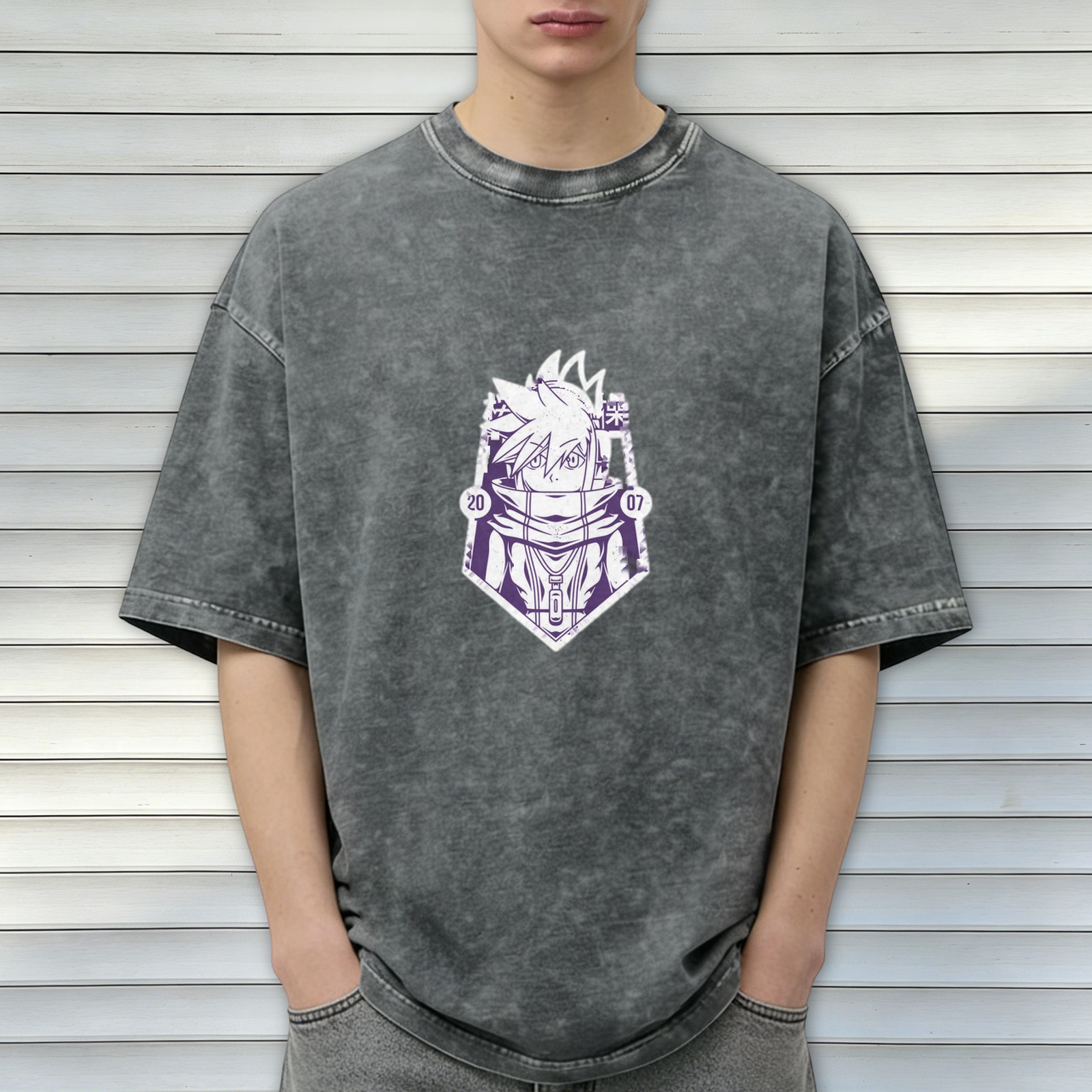 Oversized Acid Wash T-Shirt with Anime Character Graphic
