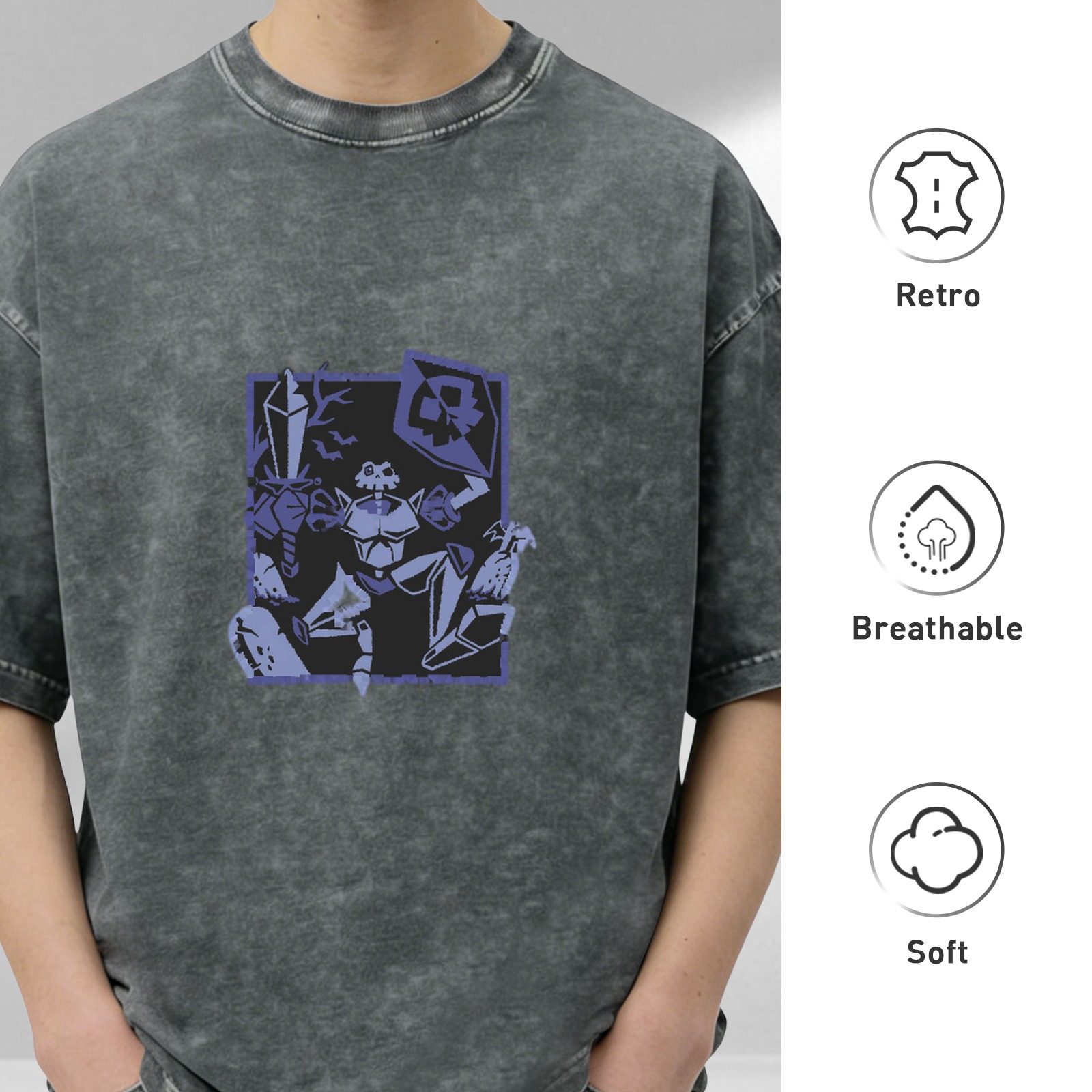 Oversized Dark Wash T-Shirt with Skeleton Warrior Graphic