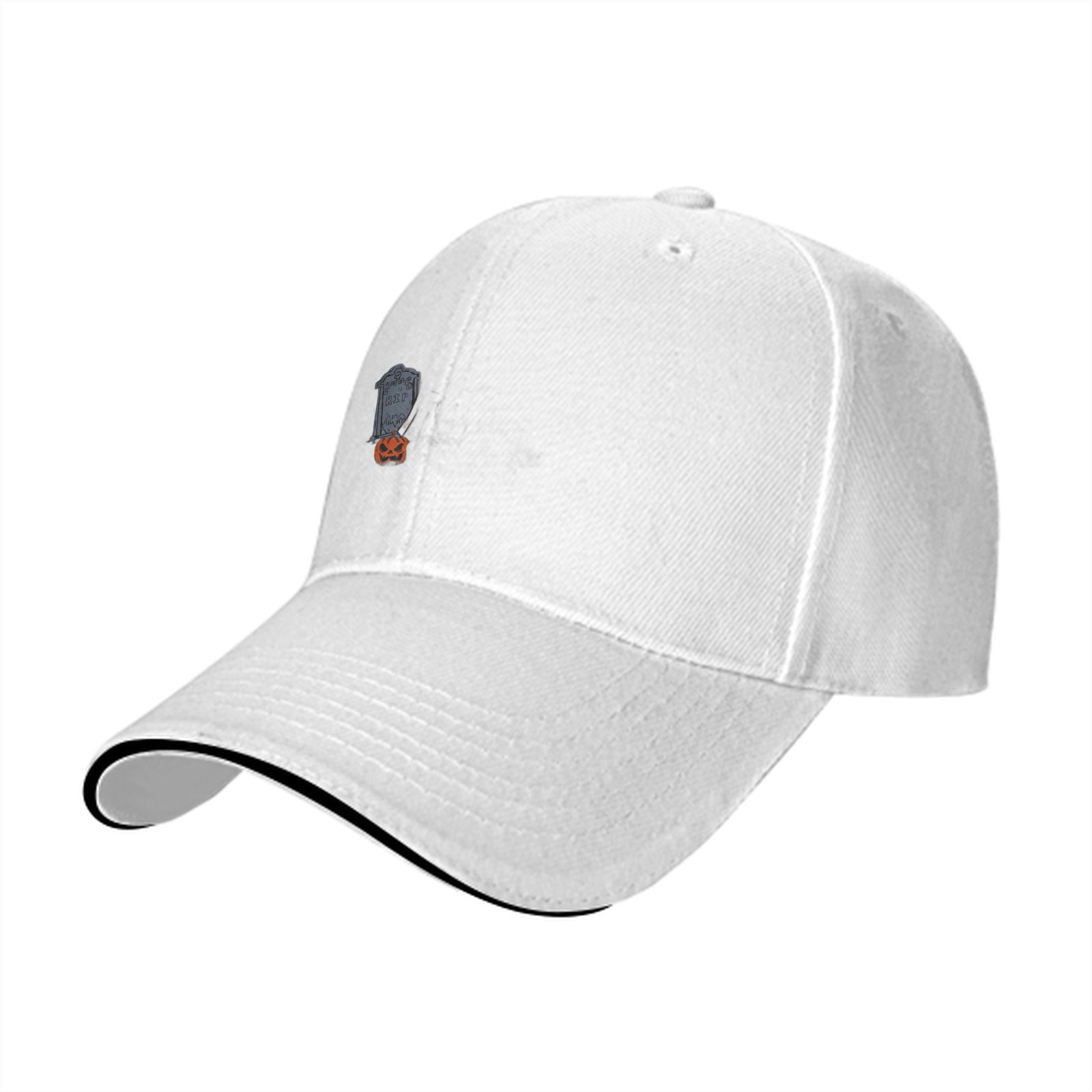 Black Baseball Cap with Halloween Tombstone and Jack-o'-lantern Graphic