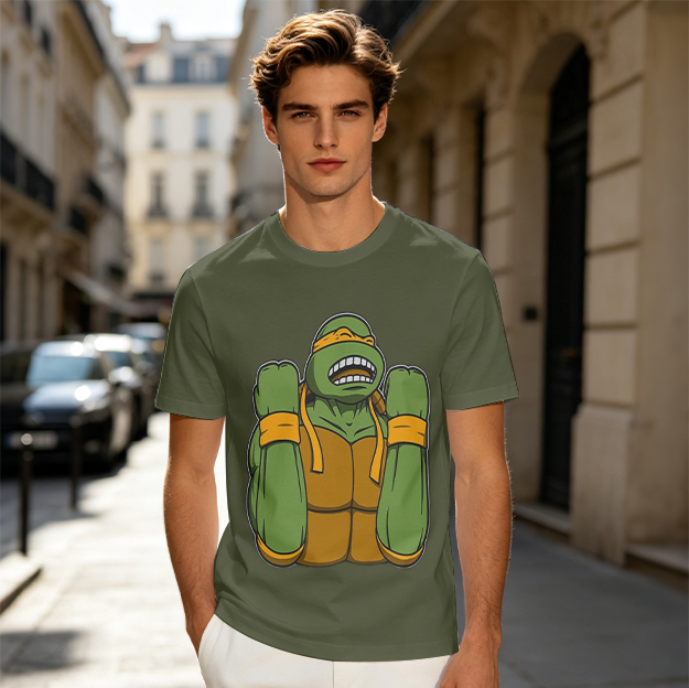Olive Green T-Shirt With Michelangelo Ninja Turtle Graphic