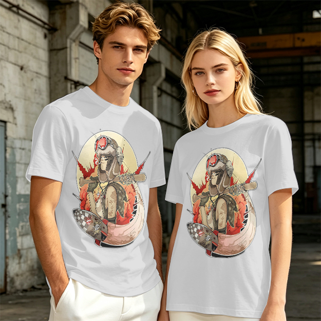 Olive T-Shirt with Retro Military Pilot Girl Graphic Print